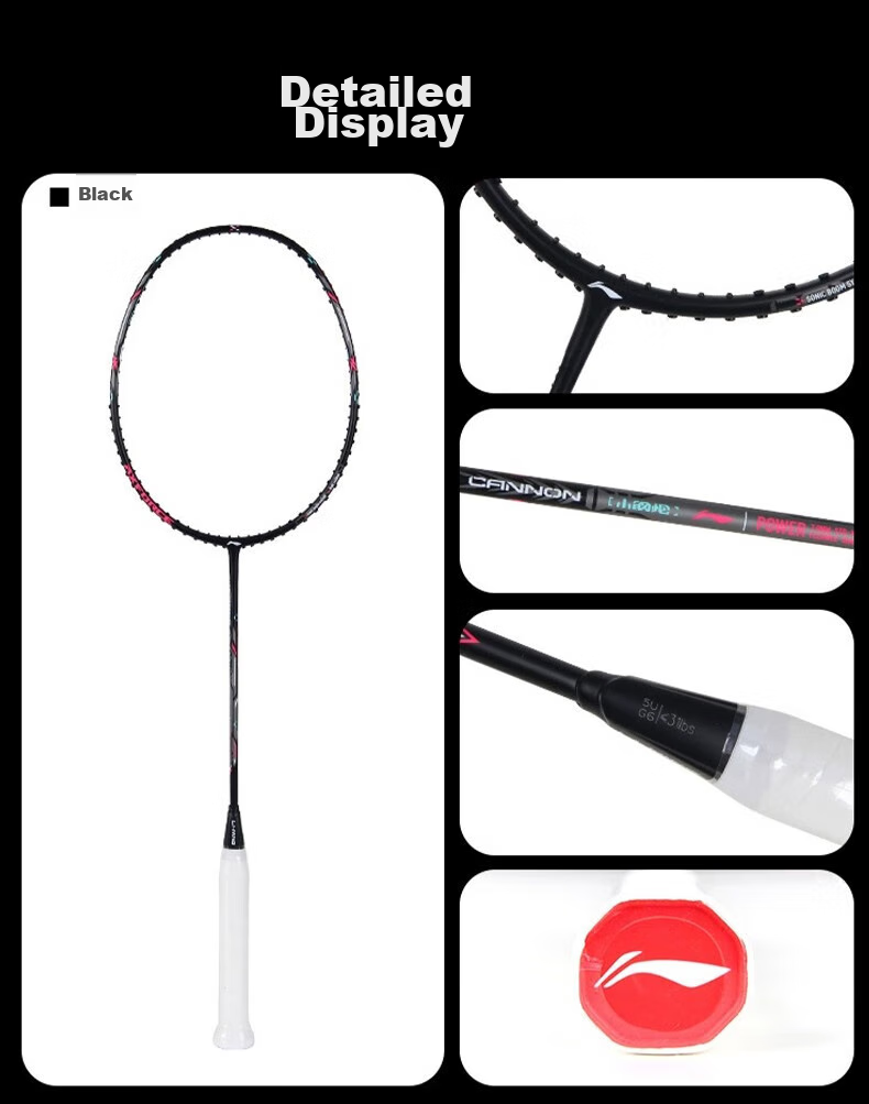 Li-Ning Badminton Racket, Thunder Small Steel Cannon, Black, Full Carbon Professional Offensive Type Single Racket, 5U Pre-Stretched String, AYPT307-5 16