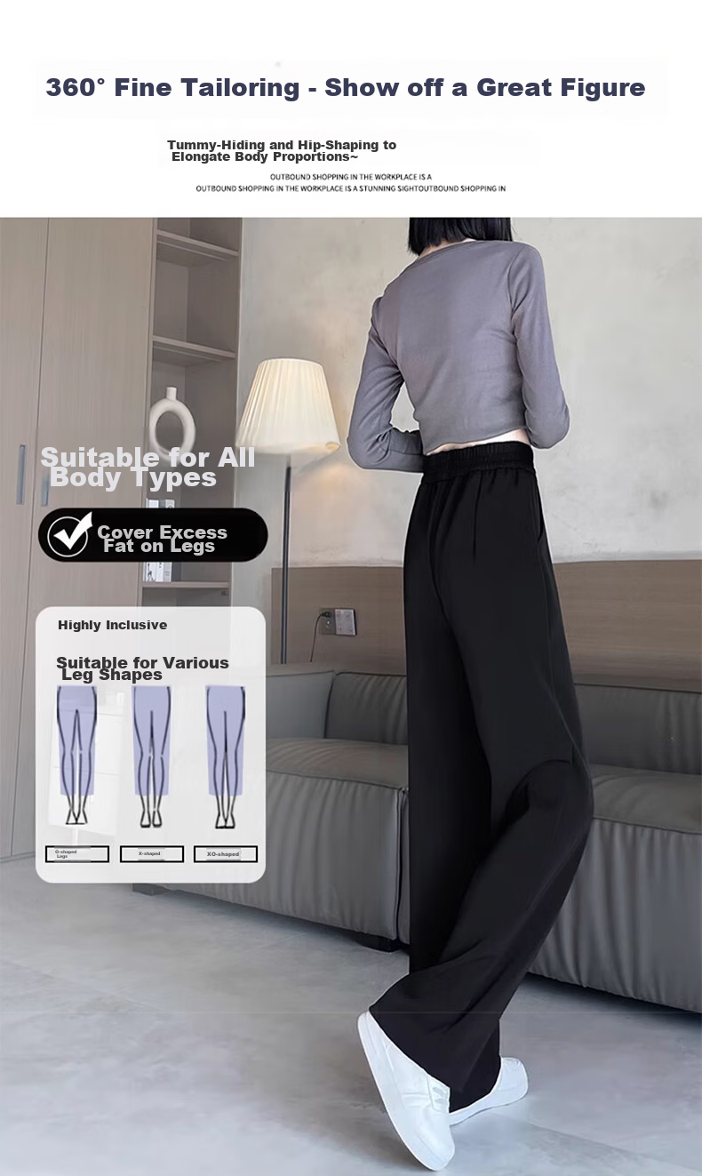 LangSha Black Straight-Leg Dress Pants, Summer Ice Silk Draping High-Waist Wide-Leg Pants for Women, Loose-Fitting Slimming Casual Trousers 4