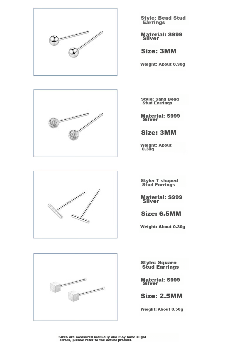 Dijing 999 Sterling Silver Stud Earrings for Women, Ear Hole Jewelry Gift Box, One Week Earrings, Ear Bone Studs, Simple And Elegant Set Box Earrings 3