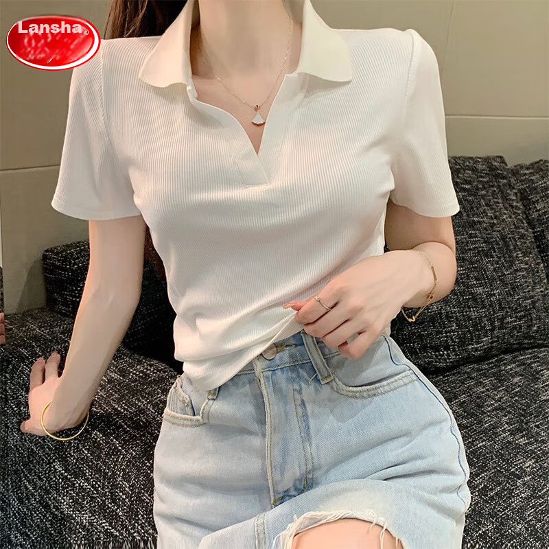 LangSha Polo Collar Short-Sleeve T-Shirt for Women, Summer Pure Desire Style, White Half-Sleeve Top, Short And Slim-Fit Undershirt