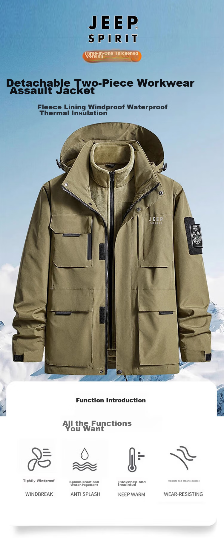 JEEP SPIRIT Men's Three-In Jacket, Autumn And Winter Casual Loose-Fitting Hooded Workwear Coat for Me 1