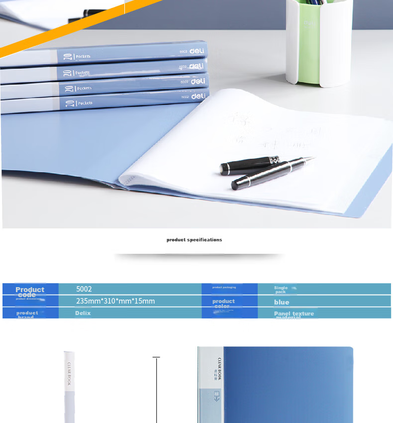 Deli A4/20-Page Document Folder, Loose-Leaf Organizer, File Holder, Sheet Protectors, Student Exam Paper Storage Pouches, Certificate Collection Folder, Pregnancy Check-Up Organizer, Office File Protector 5002 3
