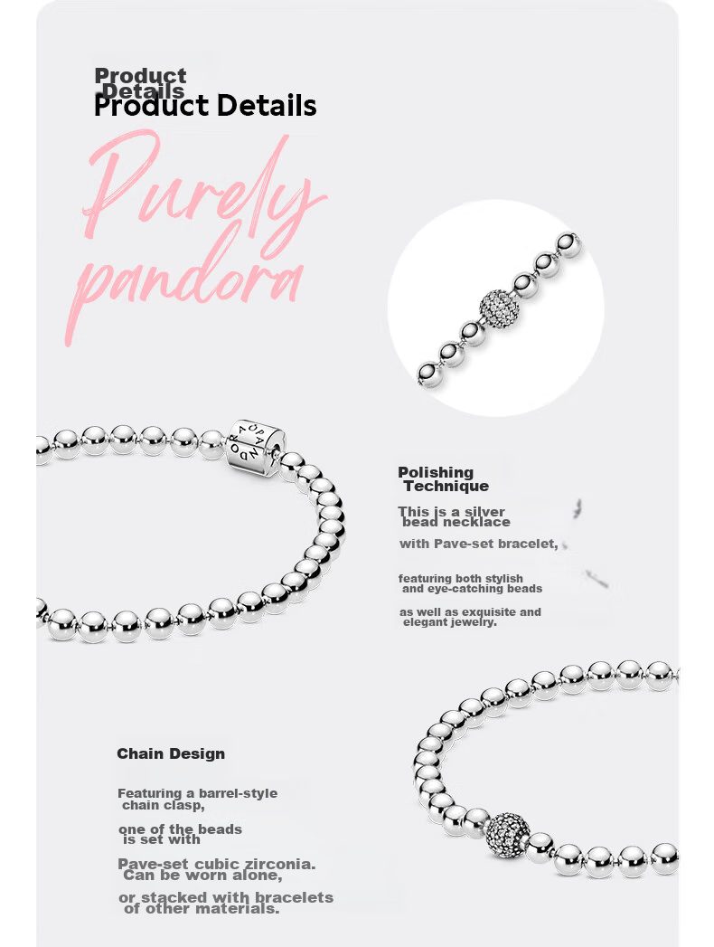 Pandora 925 Silver Beaded Bracelet, Simple Chain, Elegant Versatile Personalized Couple's 925 Silver Bracelet, Birthday Gift 3