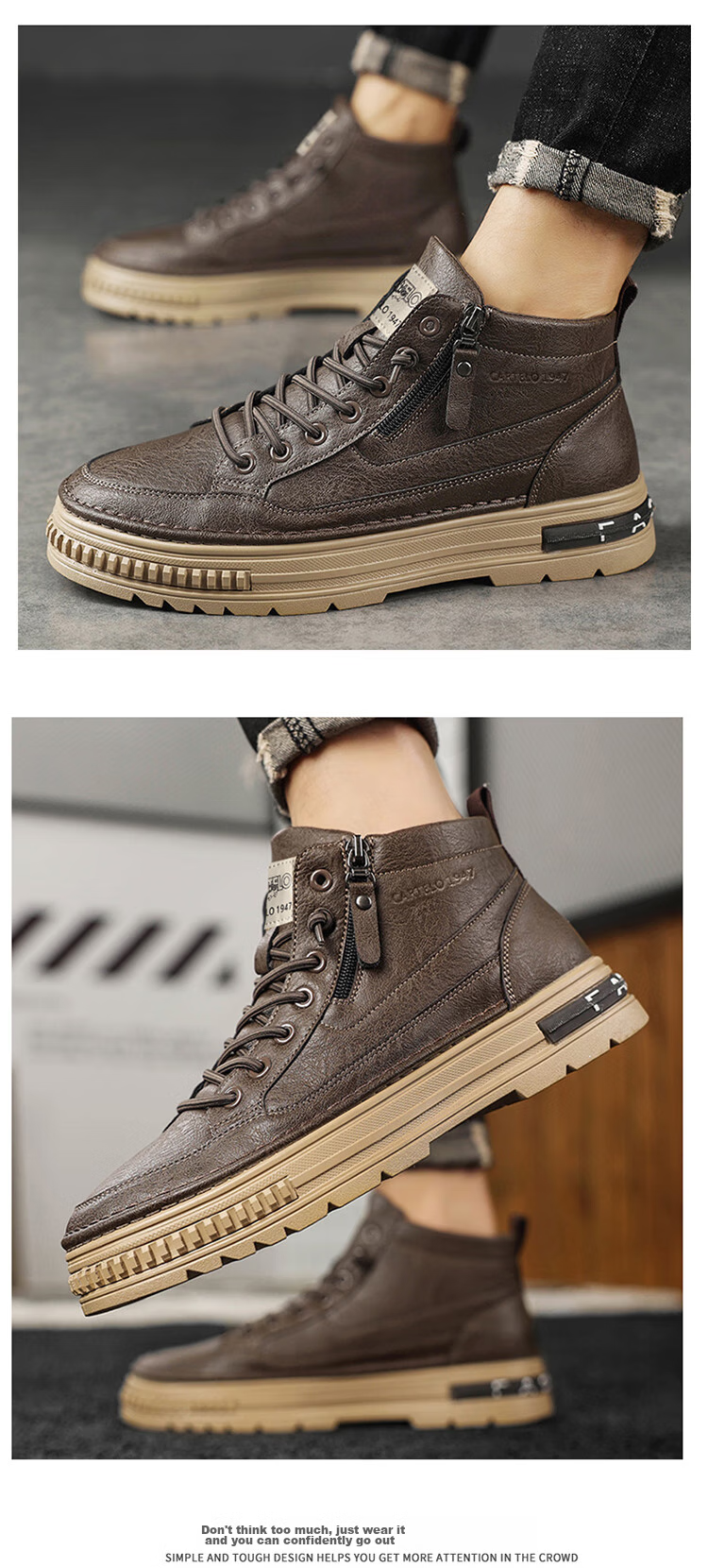 CARTELO Men's Shoes, Spring 2026 Popular High-Top Casual Leather Shoes, Thick-Soled Work Boots for Men, Black, Size 43 12