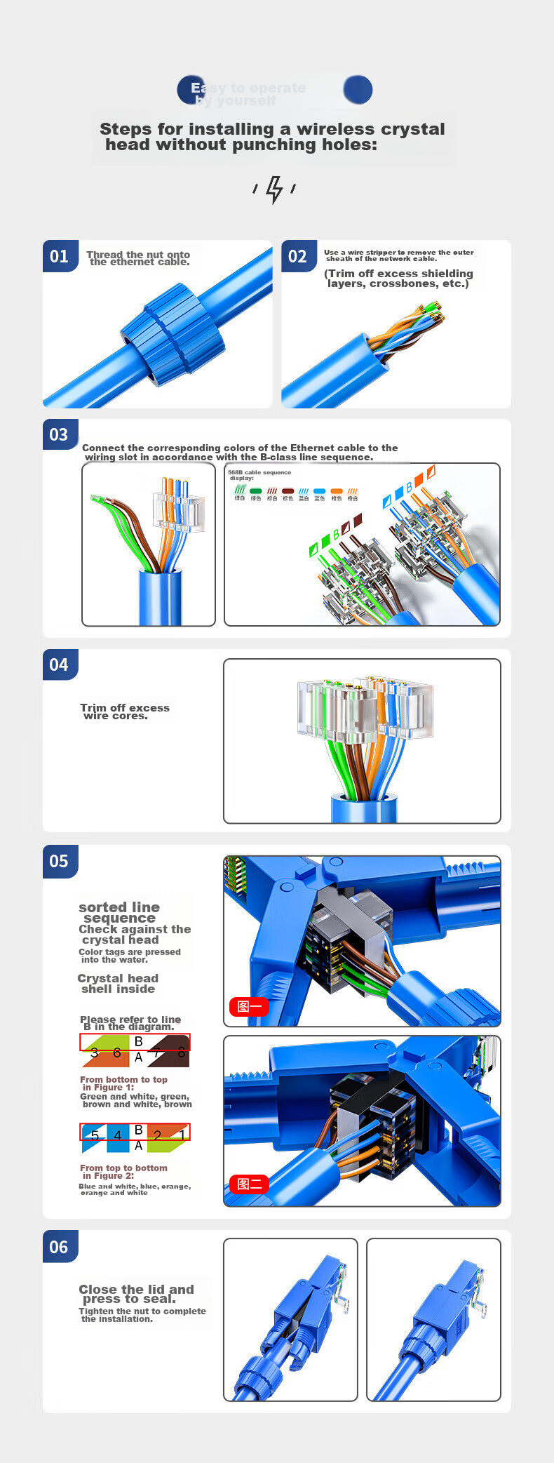 SAMZHE Cat6 Unshielded Tool-Free Crystal Head, Engineering Grade 8P8C Toolless RJ45 Ethernet Cable Connector, Tool-Free 10 Gigabit Network Connector, 2 Pieces MDSJ66 9