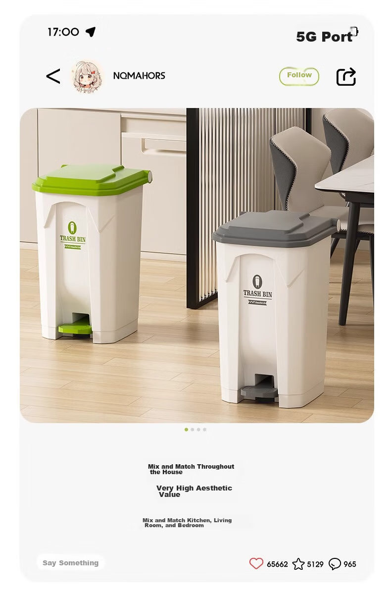 OLPAU Pedal Trash Can, 50L Square White Bin with Gray Lid, for Home Kitchen Restaurant Commercial Hotel Use, Large Capacity with Cover 5