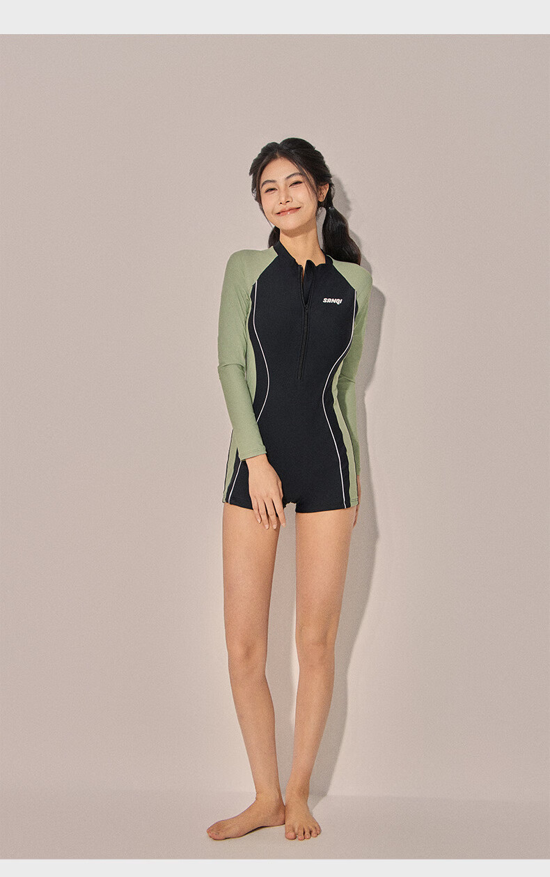 Sanqi One-Piece Swimsuit for Women, Conservative Boyshort Style, Tummy Control, Slimming, Long Sleeve, Plus Size, Athletic Swimwear, Hot Spring Diving Suit, Black, XXXL 3