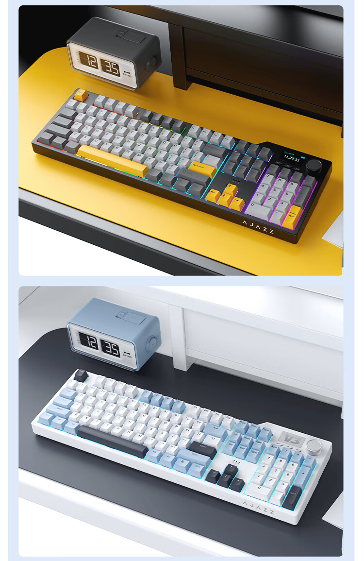 AJAZZ AK108 Tri-mode Wireless Mechanical Keyboard Hot-swappable 108 Keys 10000mAh Customizable RGB Screen Mechanical Keyboard Contour Black Litchi Switch 17