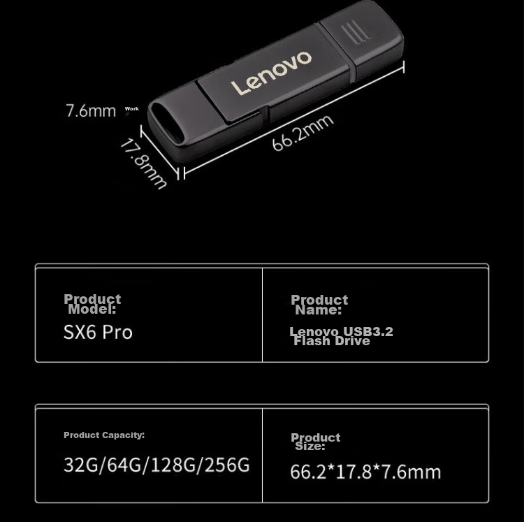 Lenovo 64GB Type-C USB3.2 Dual-Interface Metal Cap Dustproof Shockproof Mobile Flash Drive SX6Pro Series Gunmetal Color 9