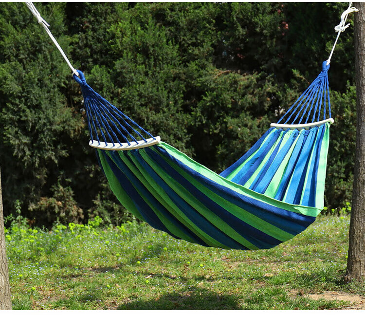Yonglebao Double-Person Crescent-Shaped Anti-Rollover Hammock, Outdoor Camping Thickened And Widened Canvas Hammock with Curved Wood, Rainbow Color, 2-Piece Set 8