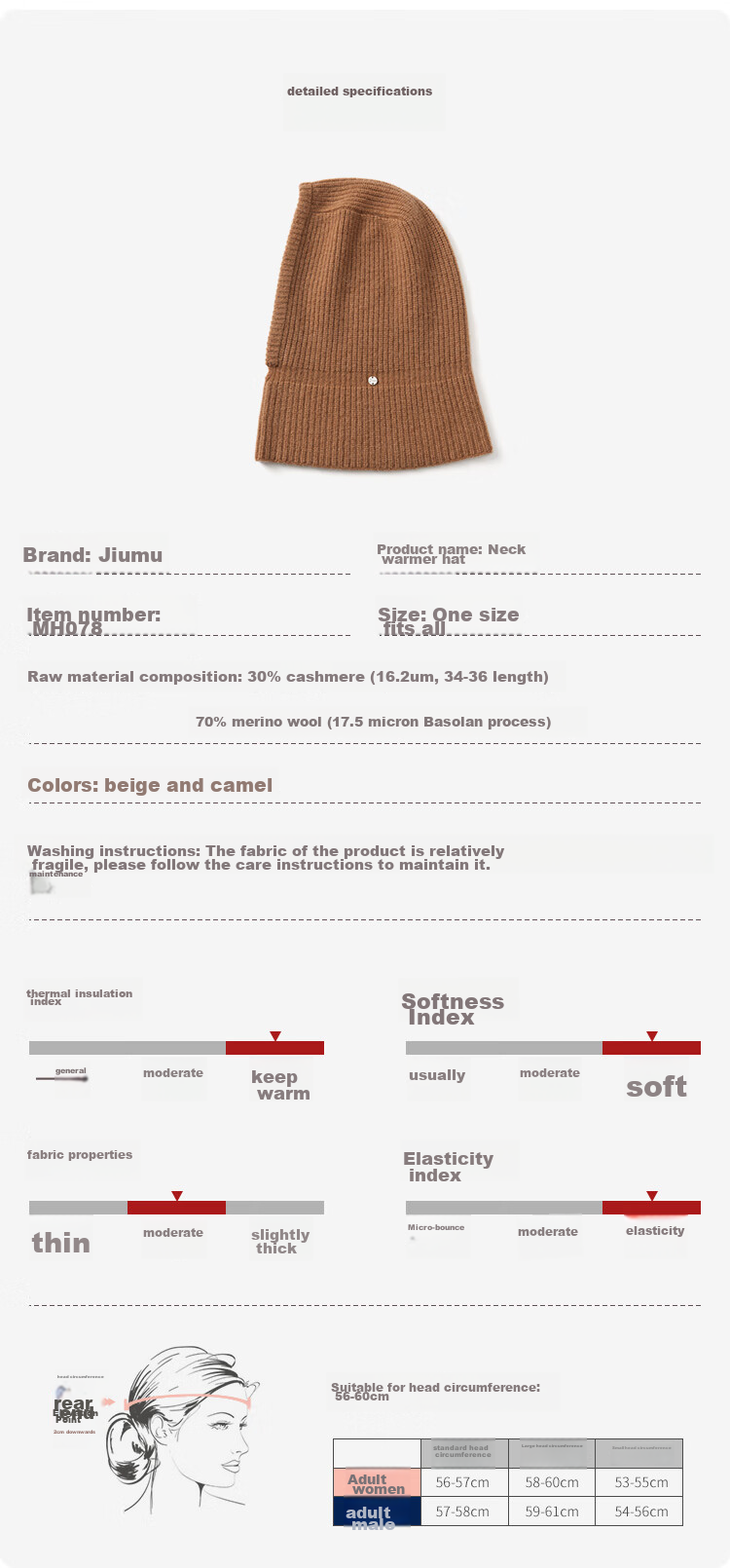 JIUMU Cashmere Warm Knit Hat for Women, Autumn And Winter Balaklava Wool Knitted Hat, Cold-Proof Hooded Neck Warmer All-I 8