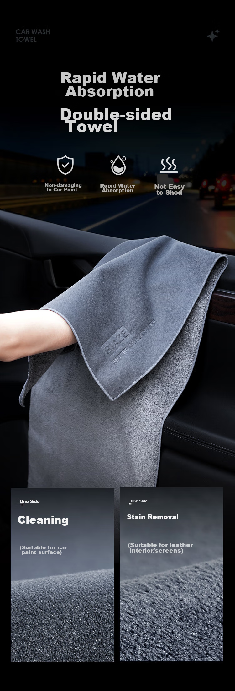 BIAZE Car Wash Towel, Specialized Car Cleaning Cloth, Vehicle Towel, Suede Absorbent Stain-Free Wiping Cloth, Extended Length, Single Pack 1