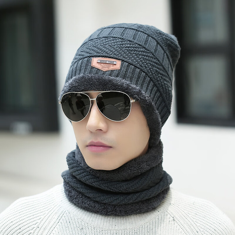 Move Iron Hat for Men And Women, Autumn And Winter Warm Fleece-Lined Thick Knitted Beanie Neck Gaiter Outdoor Cycling Cold-Proof Neck Warmer Hat, Gray