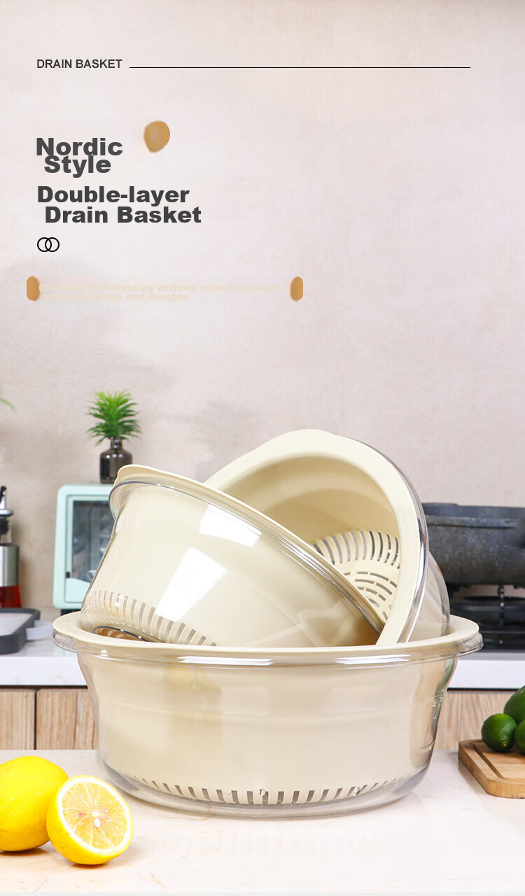 Bayco Vegetable Washing Basket, Draining Basket, Double-Layer Vegetable Washing Basin, Rice Washing Draining Basket, Strainer Basket, Fruit Washing Colander, Medium-Sized BX5240 1