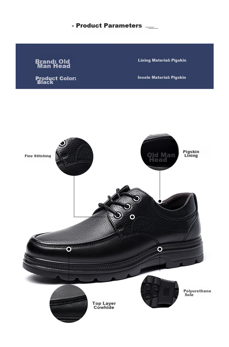 LAORENTOU Men's Leather Shoes, Business Casual Low-Top Shoes, Top-Grain Cowhide Lace-Up Thick-Soled Breathable Dad Shoes, 260279, Black, Size 39 3