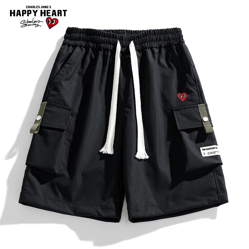 Charles Heart Men's Work Shorts Summer Thin Heart Embroidery Beach Loose Breathable Knee-Length Shorts Black 3XL