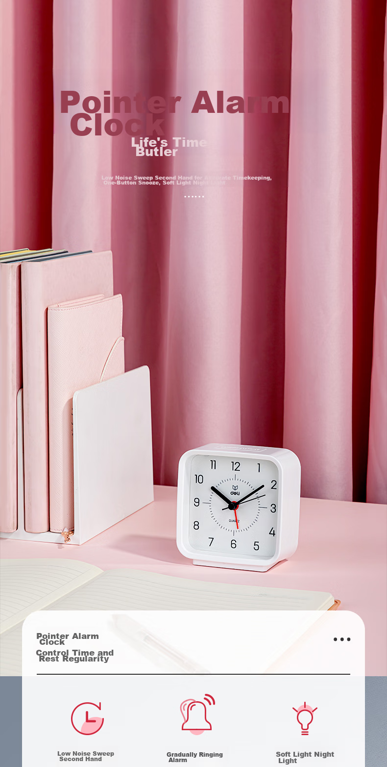 Deli Niusai Series Round Mini Desk Clock, Luxury Low-Noise Design with Soft Night Light for Lazy Sleepers, Green NS886 Back-To Season New Year Gift 1