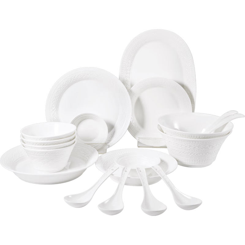 Magelongte Bone China Dinnerware Set, High-Quality Bowls And Plates, Pure White Embossed Tableware, Ceramic [Dishwasher Safe]