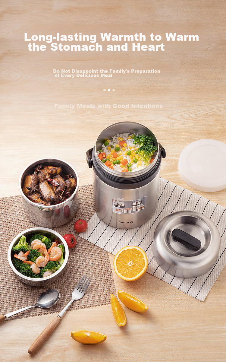 TAFUCO Insulated Food Container, 304 Stainless Steel, Large Capacity, Portable, Three-Layer Insulated Bucket, for Students And Adults, 2.3L, Food-Grade, T0320 4
