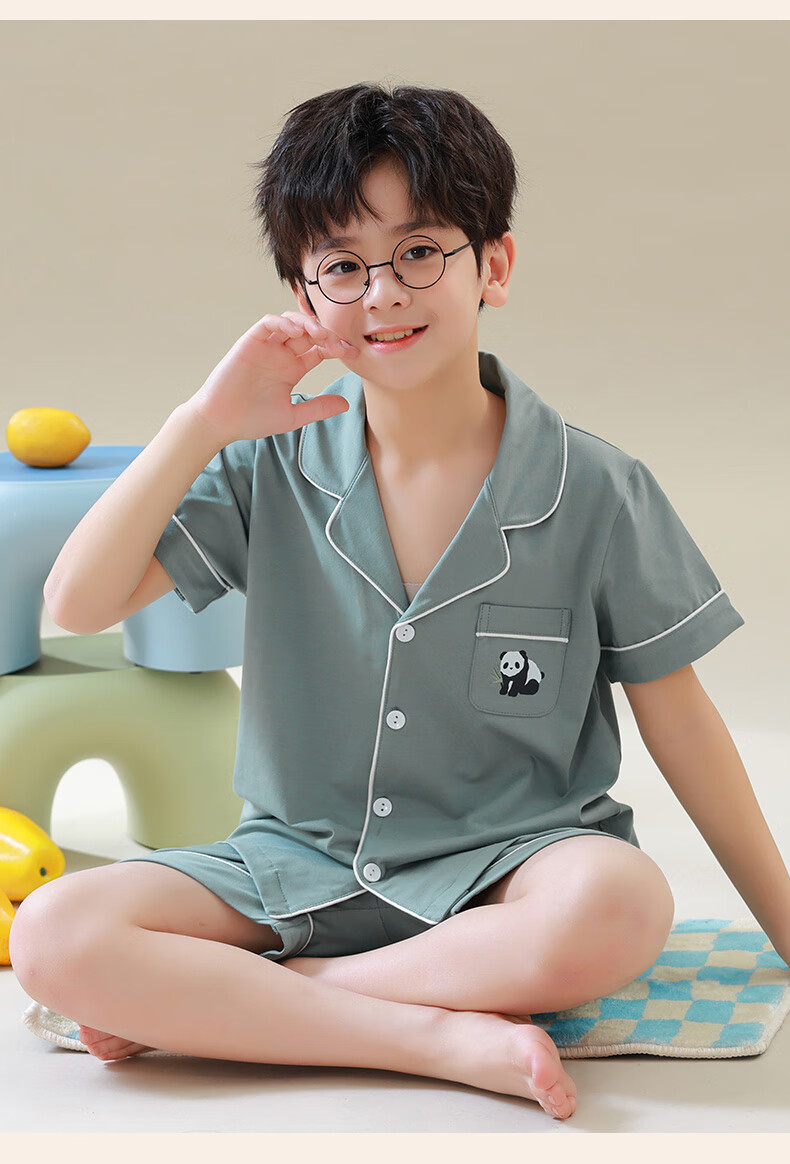 Hengyuanxiang Children's Pajamas, Boys' Pure Cotton Summer Thin Short-Sleeve Loungewear, Cardigan Sleepwear And Pajama Pants Set 4