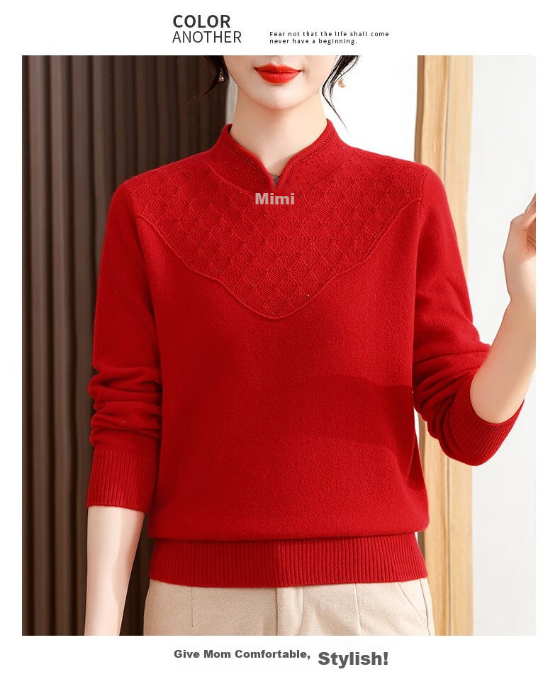 Hengyuanxiang Women's 100% Pure Wool Sweater, New Chinese Style Middle-Aged Mom's Outfit, 50-60 Years Old Stylish Zodiac Year Base Layer Red Sweater 20
