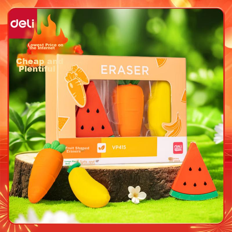 Deli 3 Fruit-Shaped Erasers, High School Entrance Exam And College Entrance Exam Blessing Gift Stationery, Creative 3D Cartoon Design Children's Eraser, Easy to Erase with Less Debris Elementary School Student Eraser