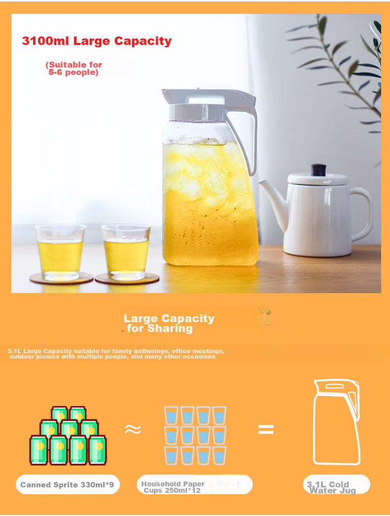 ASVEL Plastic Cold Water Pitcher, Large Capacity, for Brewing Tea, Refrigerator Juice Pitcher, Food-Grade, Heat-Resistant, 3.1L 6