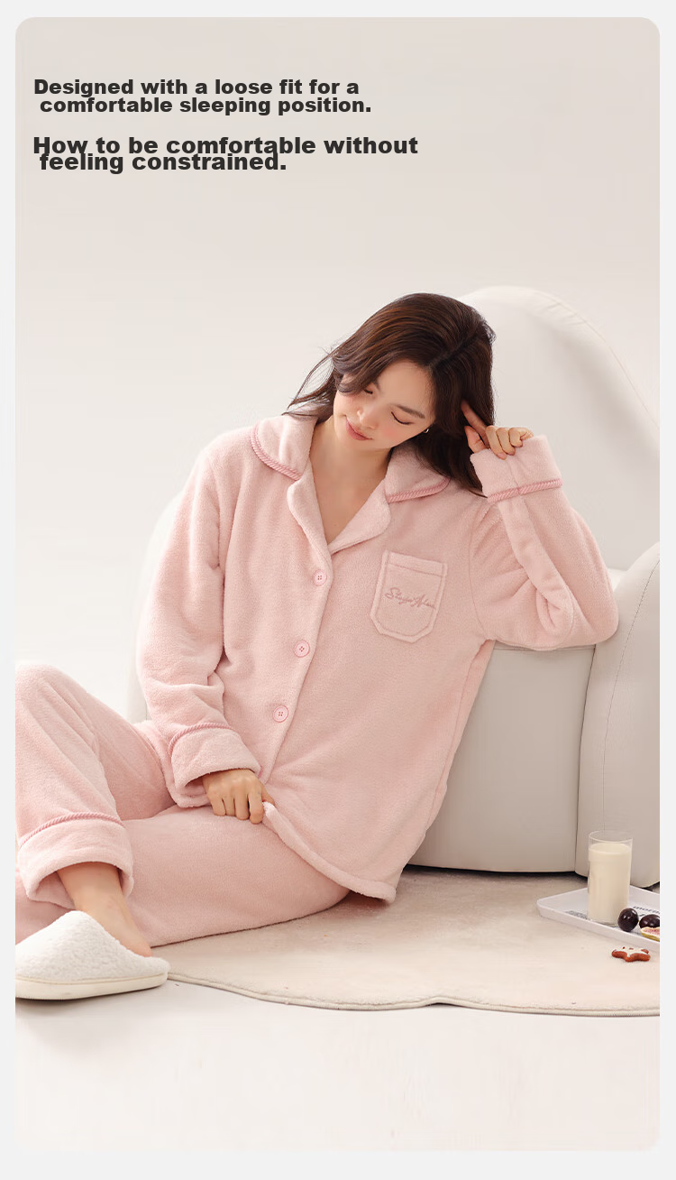 Dushiliren Women's Winter Pajamas, Fleece-Lined Thick Coral Fleece Cardigan Set with Pockets, Autumn And Winter Loungewear 10