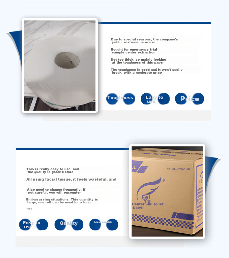 Feiyu Core-Center Pull Large Roll Toilet Paper, 2-Ply, 700g*12 Rolls, Supermarket Grade, No Contact, Whole Box FZ101 10