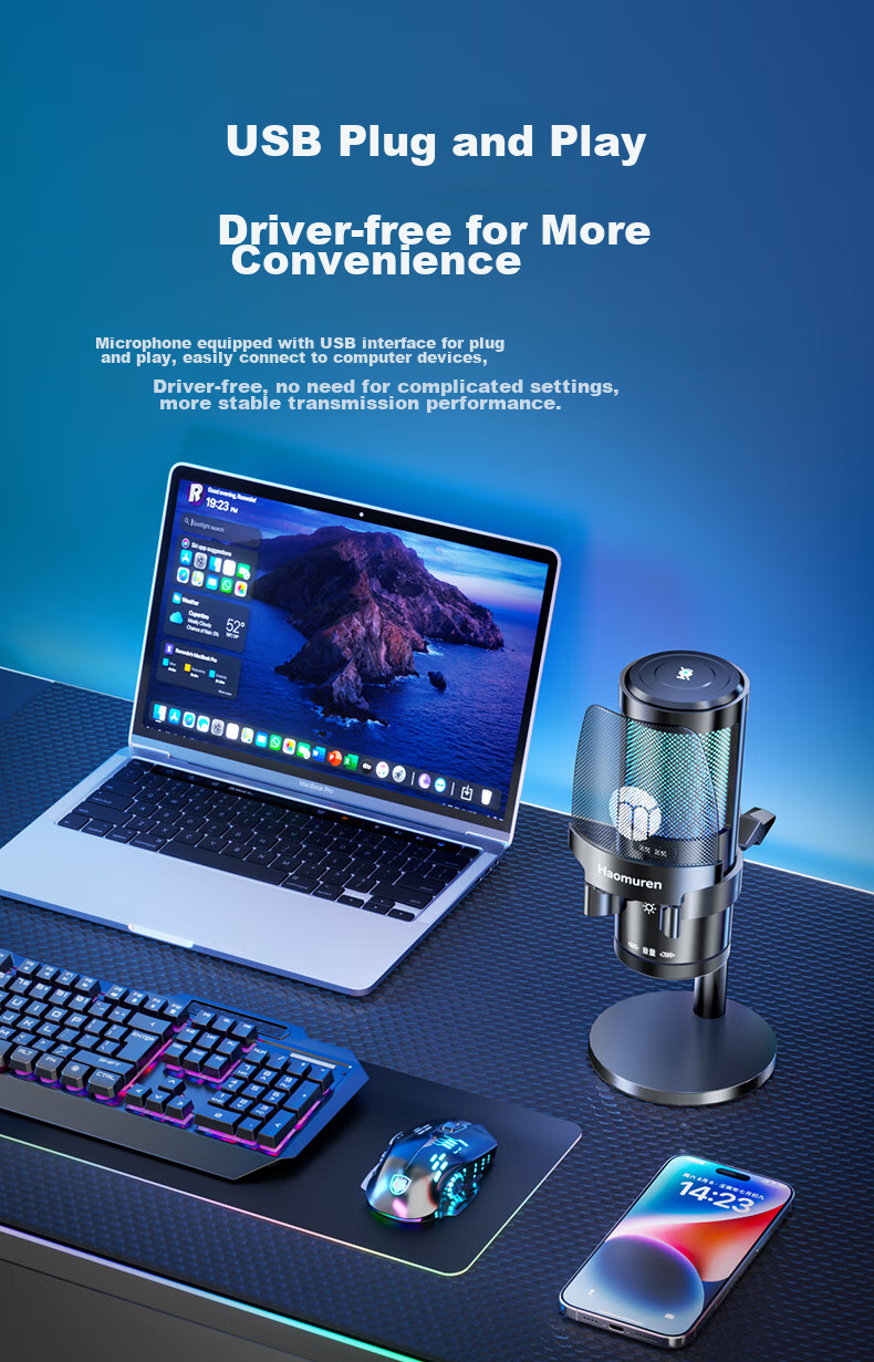Haomuren Computer Microphone, Gaming And E-Sports Dedicated, Noise-Cancelling Condenser, Karaoke Recording, Professional Sound Card, Live Streaming Host Equipment, Microphone for Desktop, Suspended Arm Stand, Desktop And Mobile USB Wired 18