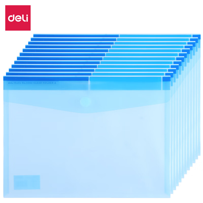 Deli 12 A4 Thick Transparent File Folders with Velcro, Document Organizer, Exam Paper Storage Pouches, Subject Classification, Waterproof, School Supplies, Blue 5504