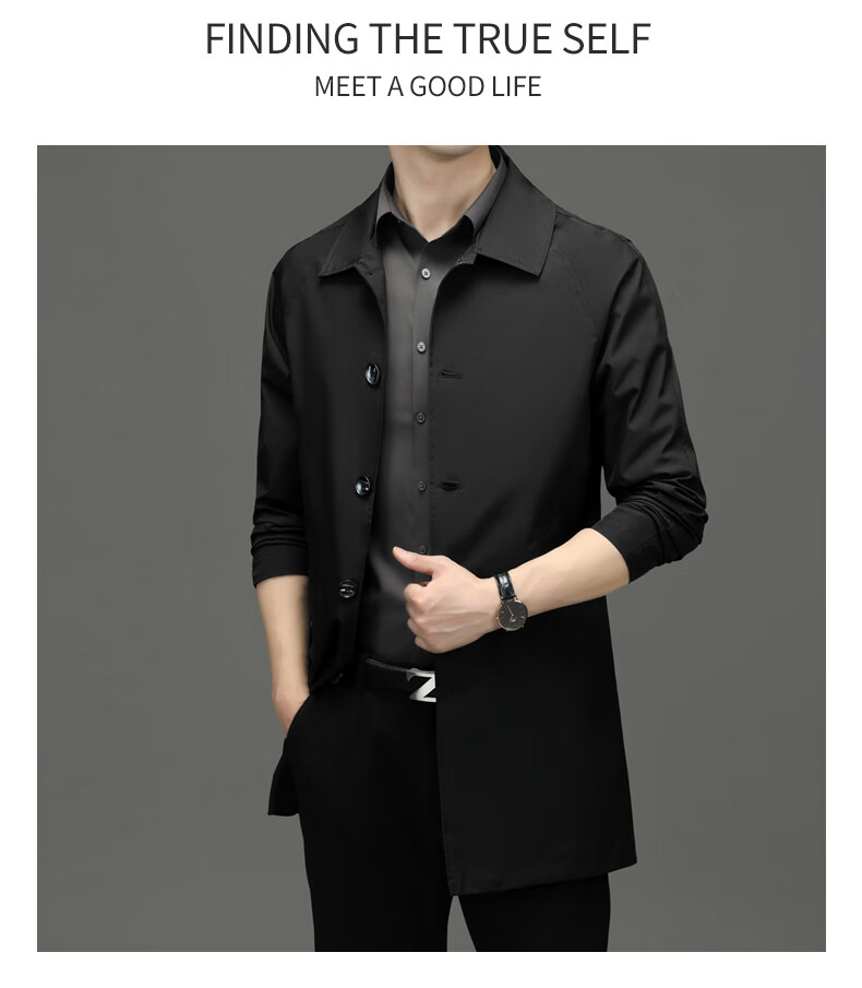 ROMON Men's Trench Coat, Spring And Autumn Business Casual Mid-Length Overcoat, Outerwear Jacket D-2021 Black XL 23