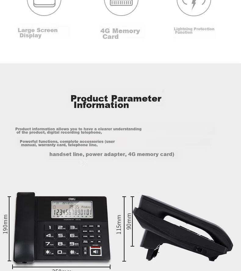 Deli Recording Telephone, Landline Phone for Office And Home Use, Caller ID, 4GB Memory Card, 799 Black 2
