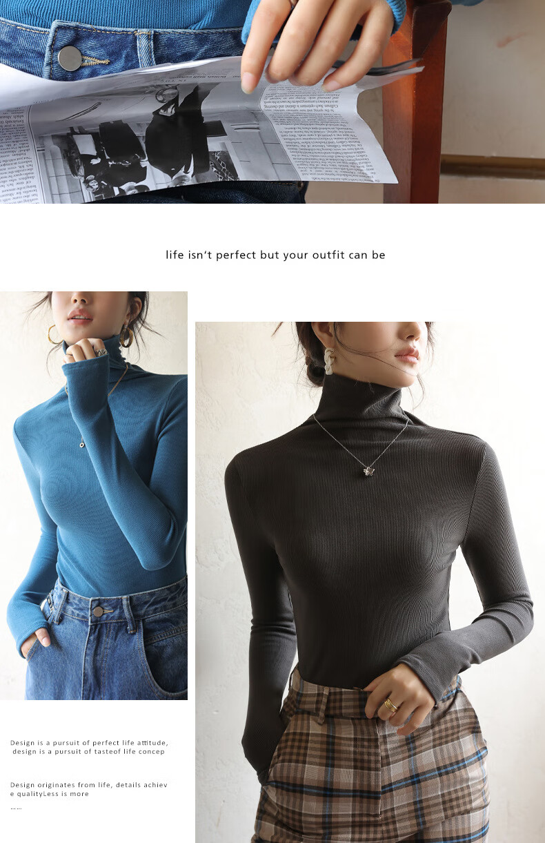 LangSha, De Rong Base Shirt, Ruched Turtleneck, Striped Inner Layer, Long-Sleeve Solid Color Autumn Shirt, Slim-Fit High-Elastic Base Underwear for Wome 14