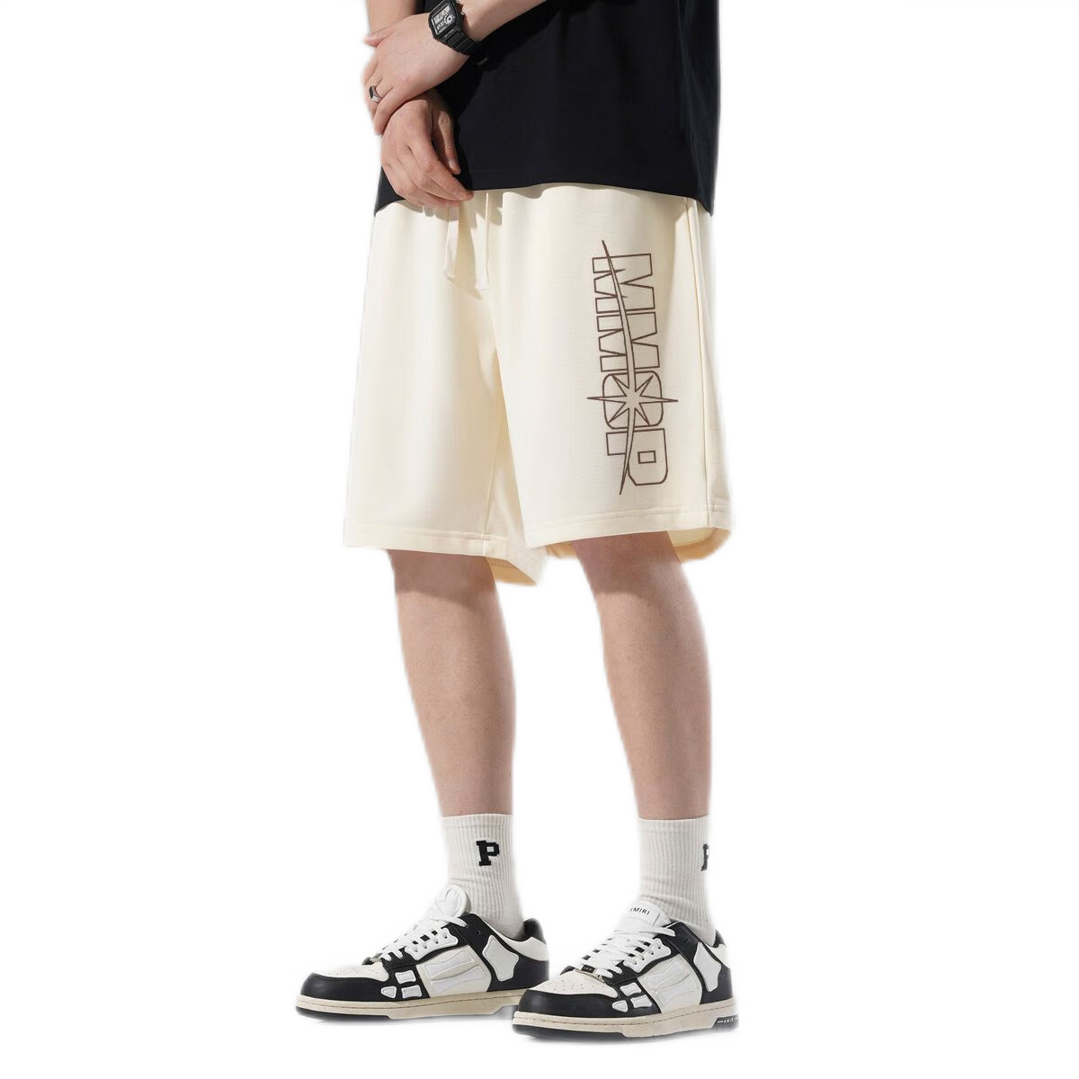 MMOPTOP Trendy Printed Men's Summer Japanese Style Loose Fit Five-Point Casual Sports Shorts HYJ02 Apricot L