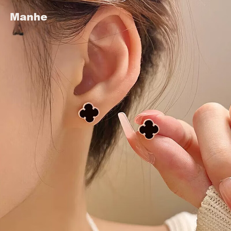 Серьги-гвоздики MANHE из стерлингового серебра S999 с четырехлистным клевером и ониксом для женщин, ювелирное изделие, подарок на день рождения, подарок на День святого Валентина