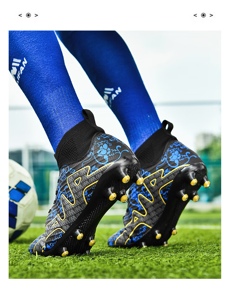 Double Star Bate Men's FG Soccer Shoes High-Top Training Shoes Professional Artificial Grass Adult Match Black Blue Size 44 8