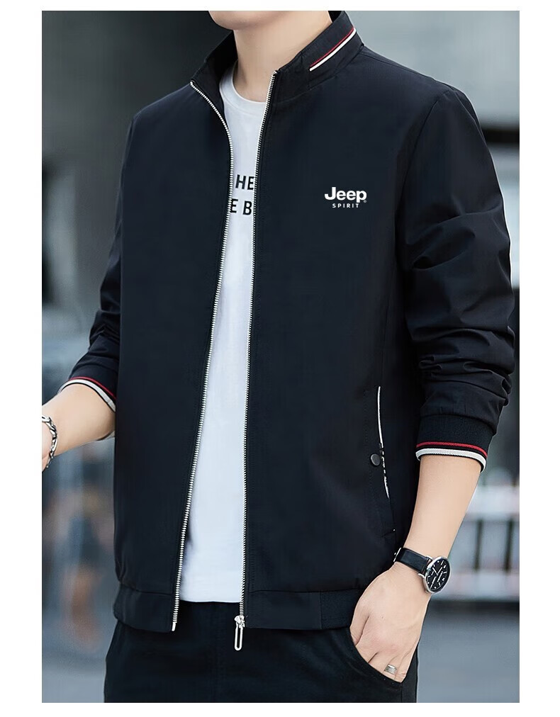 JEEP SPIRIT Men's Jacket, Spring And Autumn Outerwear, Solid Color Stand-Up Collar, Business Versatile Loose Casual Wear, Black, L 11