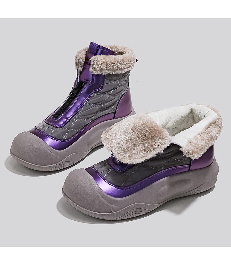Warrior Official Women's Snow Boots 2025 Winter Fleece Warm Thick Sole Versatile Boots Gray Purple Size 39 10