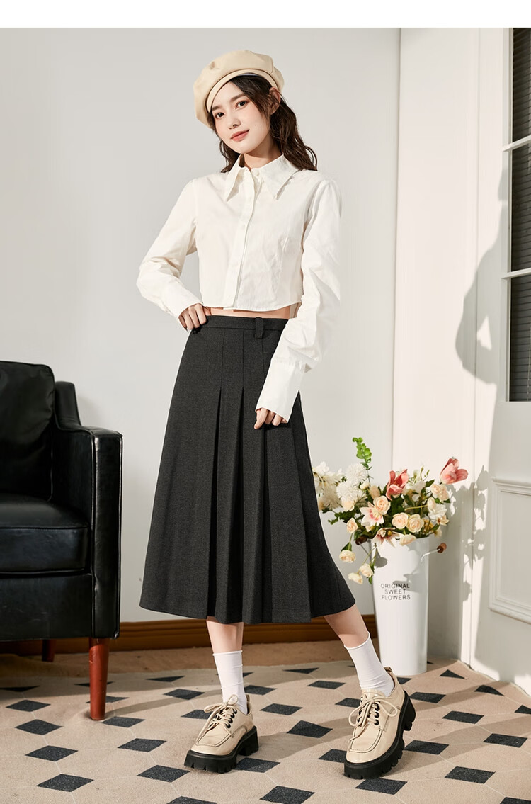 TonLion 2023 Women's High-Waisted A-Line Pleated Midi Skirt, Academic Style, Linen Gray, L 7