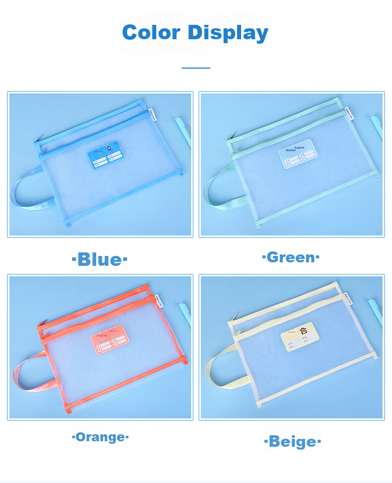 Bailiwen F6456 Double-Layer Mesh Subject Pouches, Set of 4, Subject Classification Storage Bags, A4 Size, Elementary School Students' Mesh Zipper Bags, Subject Pouches, Handheld Document Bags, Study Supplies Bookbags, Stationery Bags 4