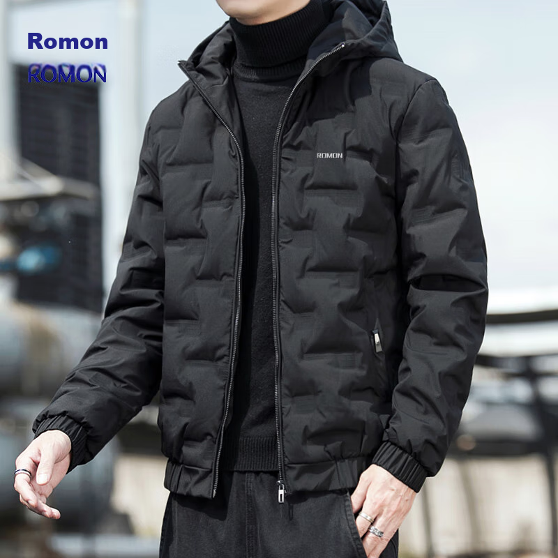 ROMON Men's Winter Outdoor Warm Hooded Down Jacket Casual High-end Coat Black 886 L