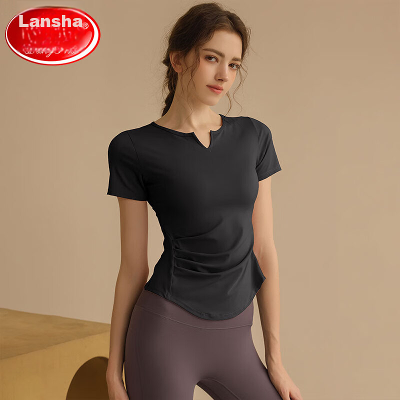LangSha Yoga Top for Women, Short-Sleeve T-Shirt, Slimming Pilates Running Training Tight-Fitting Quick-Dry Fitness Wear, Black, L