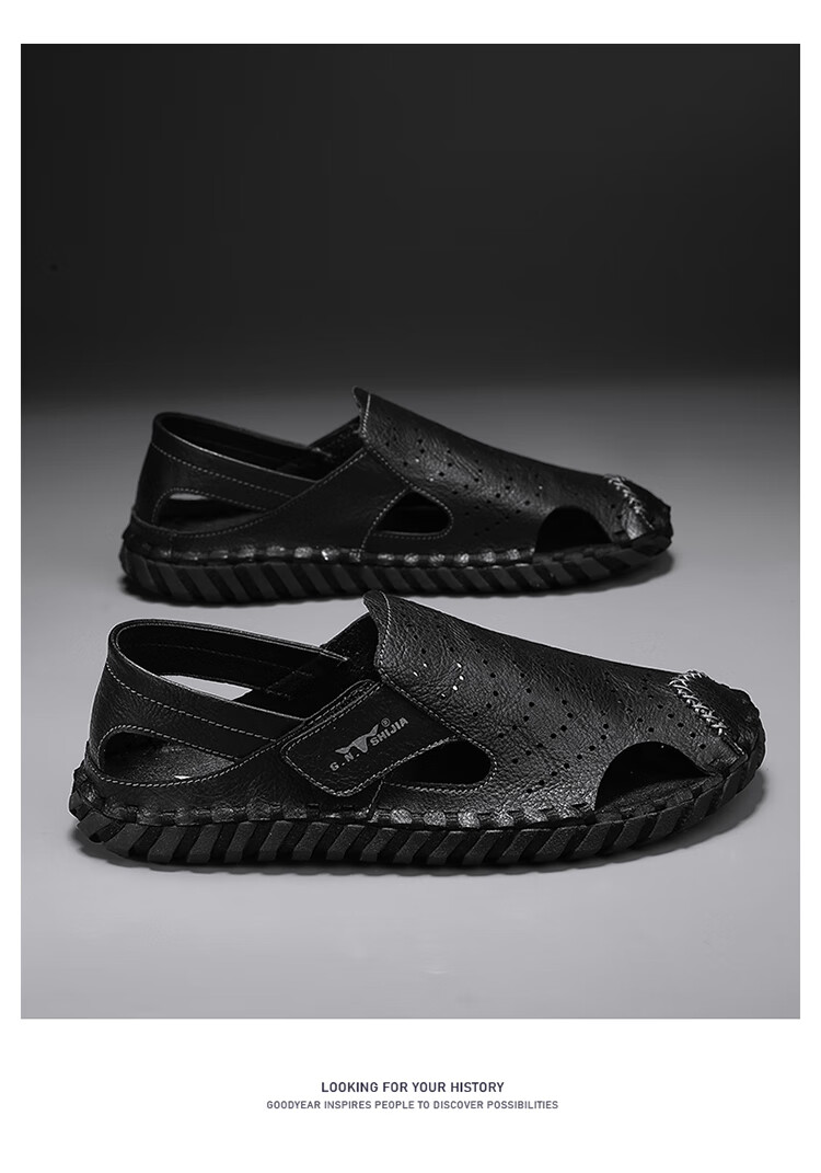 Bull Family Leather Sandals Summer Beach Shoes Men's Driving Outdoor Casual Trendy Soft Leather Soft Sole Handmade Hole Sandals 14