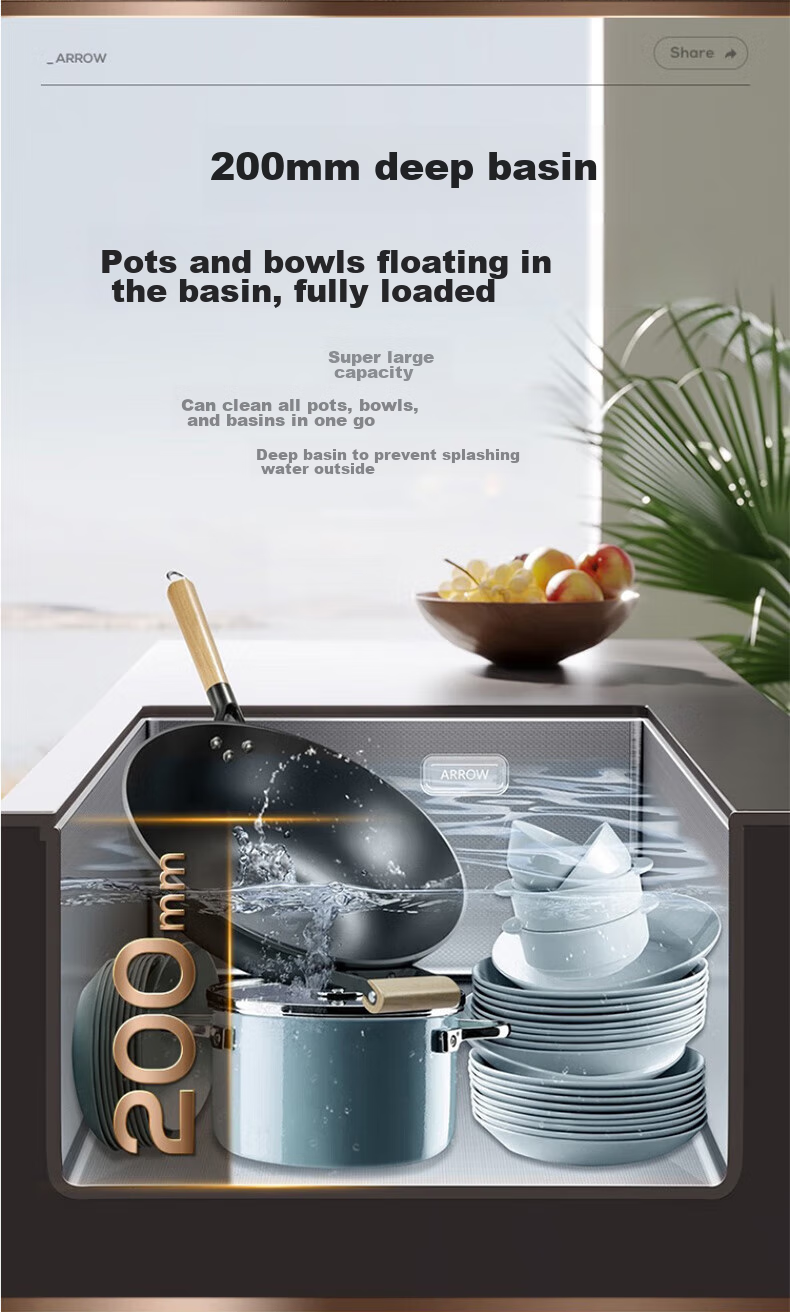 ARROW 304 Stainless Steel Kitchen Embossed Handmade Sink, Large Single Bowl Vegetable Washing Basin AE5570418GM21-SS 12