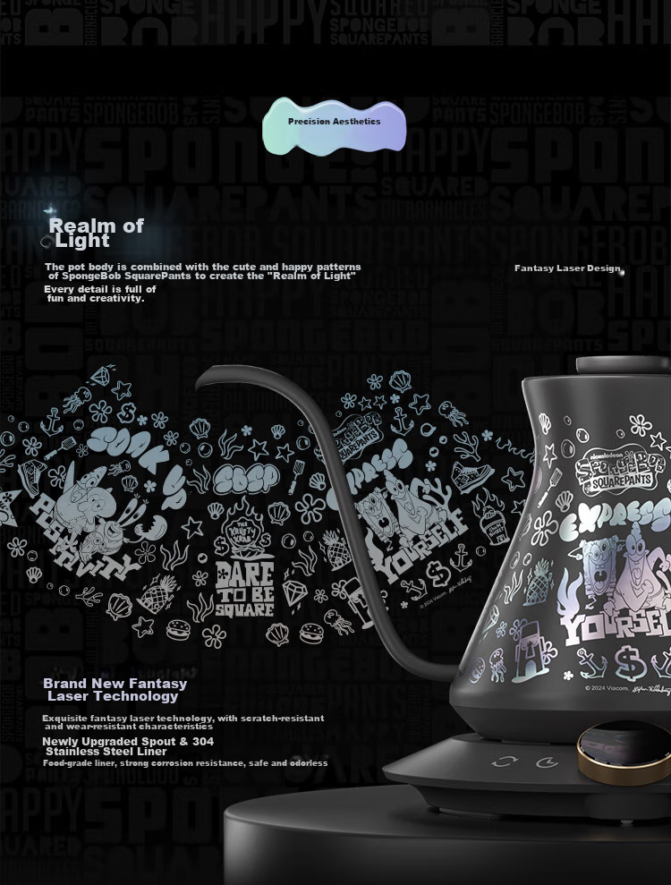 Cocinare, Pour-Over Coffee Maker, Hand-Drip Kettle, C Pot, Temperature-Controlled Kettle, Home Coffee Machine, Electric Kettle, M6Pro, SpongeBob SquarePants, Timely Fun, 0.6L 5