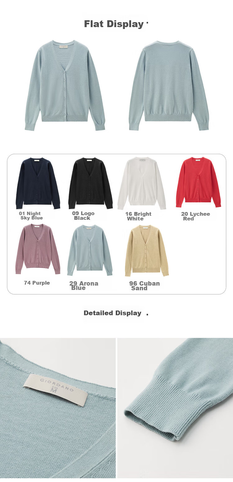 Giordano Knitted Cardigan for Women, Cotton V-Neck Sweater, Women's Outerwear, Solid Color Women's Jacket 05350649 19