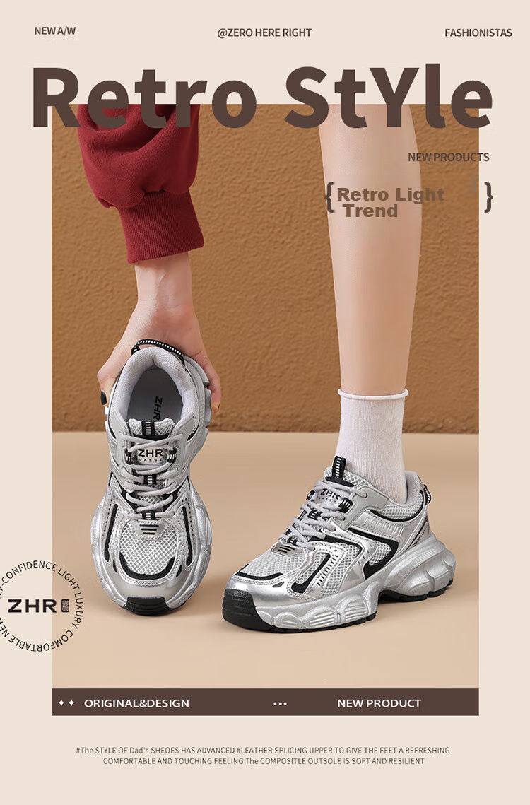 ZHR Spring And Autumn Dad Shoes for Women, Versatile Thick-Soled Casual Shoes, Breathable Mesh Sports Shoes for Women, BV63, Dark Gray, Size 35 1