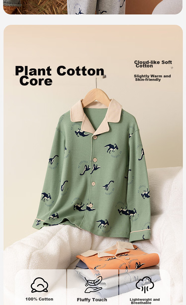 Dingguagua Children's Pajama Set, Pure Cotton Spring And Autumn Long-Sleeve Boys' Loungewear, All-Cotton Open-Front Sleepwear for Older Boys, Green, Size 150 2