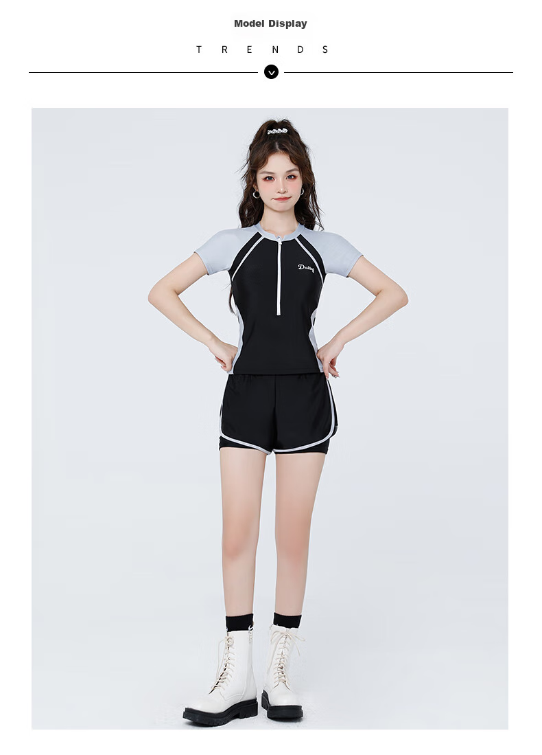 F.DYRAA Women's High-End Two-Piece Swimsuit with Short Sleeves, Conservative And Slimming, Suitable for Hot Springs And Swimming Pools, Four-Piece Set, 12034 Black And Gray, Size M 7